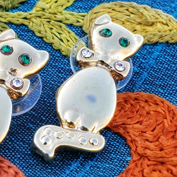 Vintage Cat Earrings Dangle Rhinestones Post - Picture 3 of 6